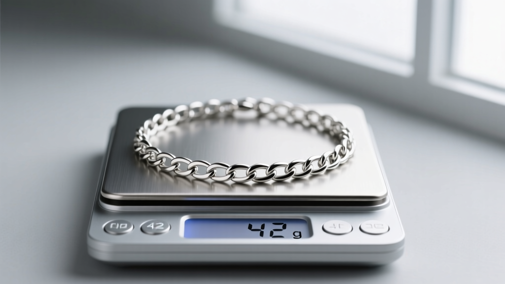 Digital scale displaying a 42-gram sterling silver Figaro chain link necklace, polished rhodium finish catching studio light.