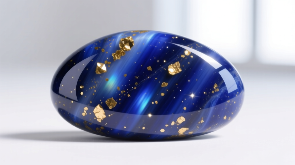 Macro photography showing golden pyrite flecks and deep ultramarine blue matrix of a genuine polished lapis lazuli cabochon stone