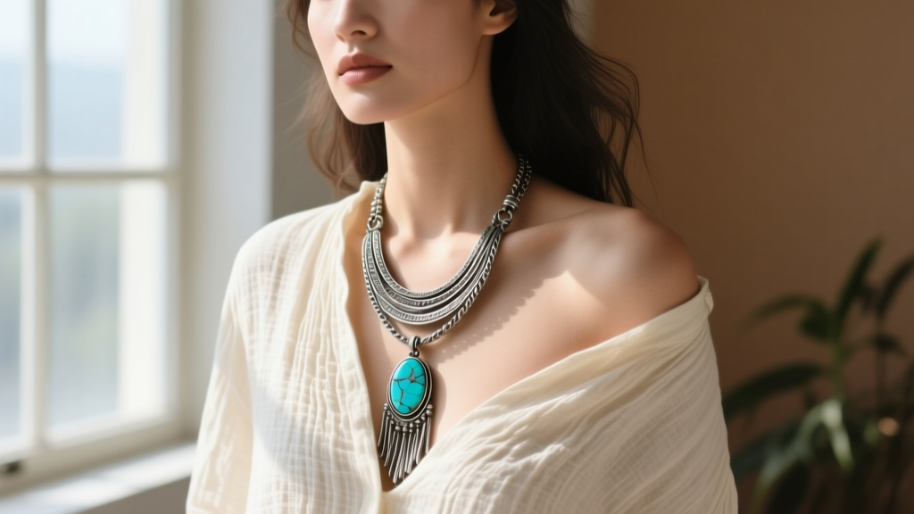 A 34-inch oxidized silver long boho necklace with raw turquoise pendant on cream linen blouse, soft natural sunlight