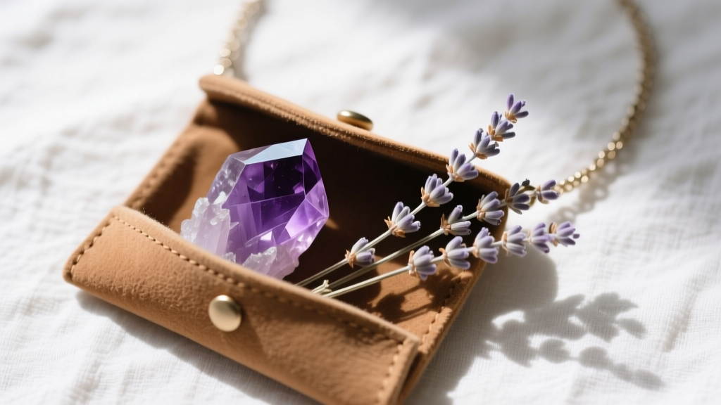 Open suede pouch necklace revealing raw amethyst crystals and dried lavender, photographed top-down on textured white linen.