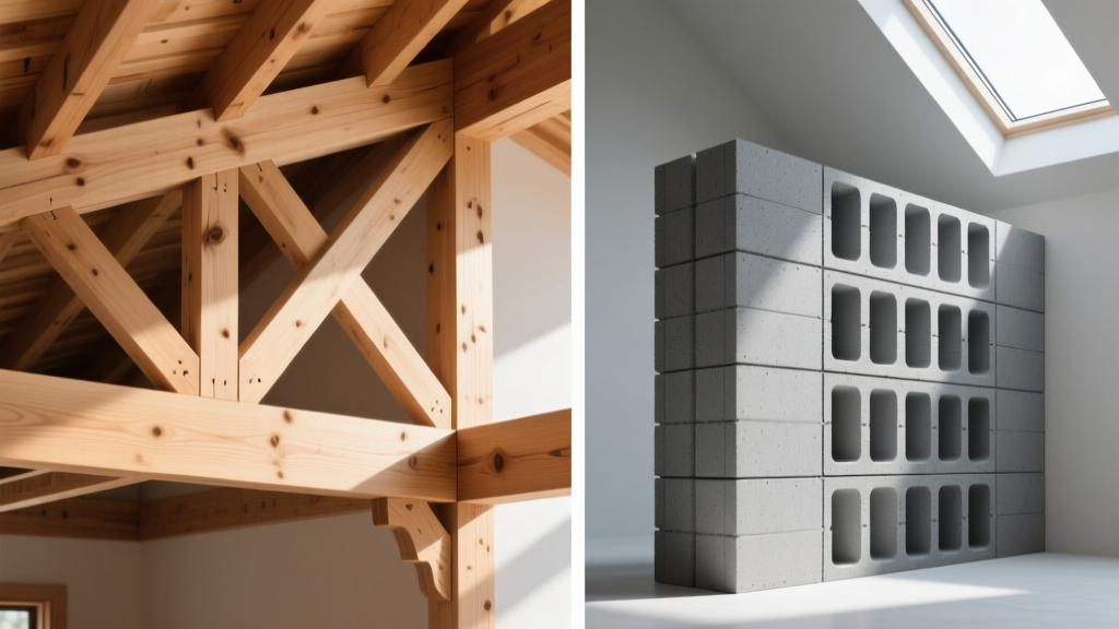 Split architectural render showing traditional wood stick framing on the left and stacked gray ICF concrete blocks on the right