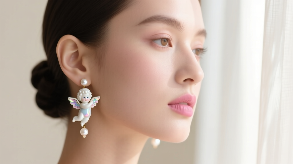 Porcelain doll earrings with hand-painted cherub motifs and tiny pearl drops, soft coquette editorial lighting on a model's ear