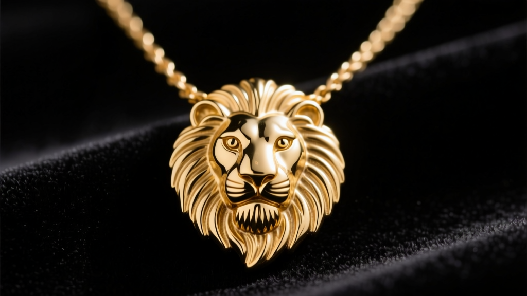 Close-up of a vintage 1980s Anne Klein gold-tone necklace featuring a detailed lion head medallion resting on black velvet.