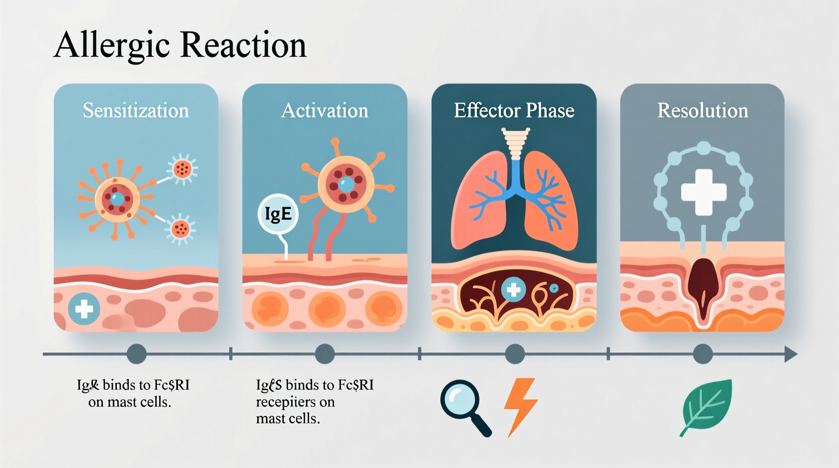 Allergic reaction progression timeline showing immune response stages