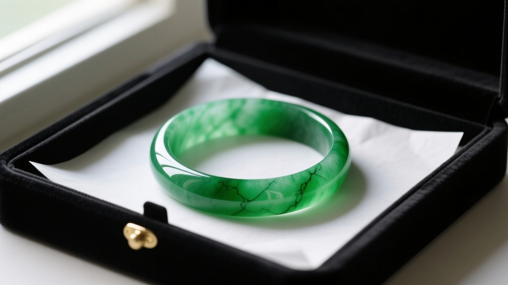 Vibrant green Type A jadeite bangle resting on acid-free tissue inside a dark velvet compartment of a specialized jewelry box.