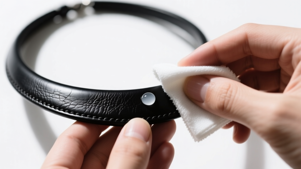 Hands spot-cleaning a black leather cord necklace with microfiber cloth and pH-neutral soap, macro shot showing leather texture