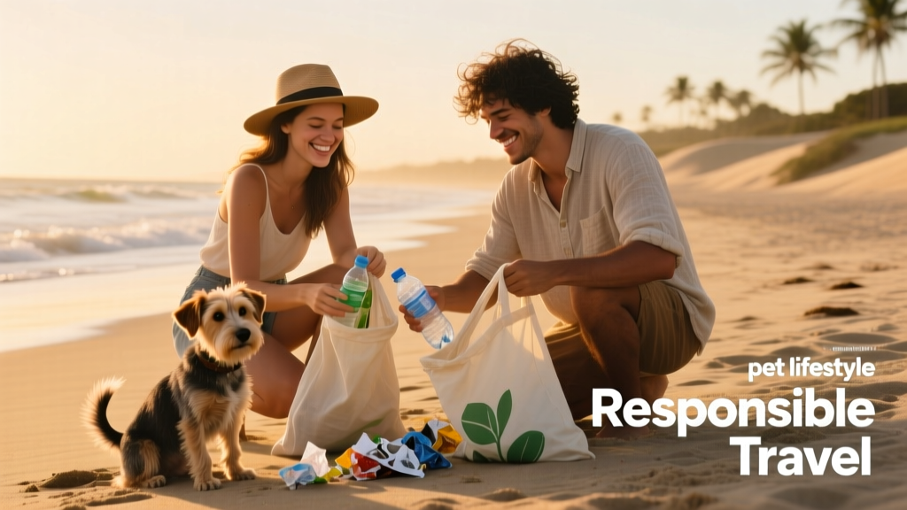 Two people collecting litter along a quiet coastal beach, smiling as they fill reusable bags