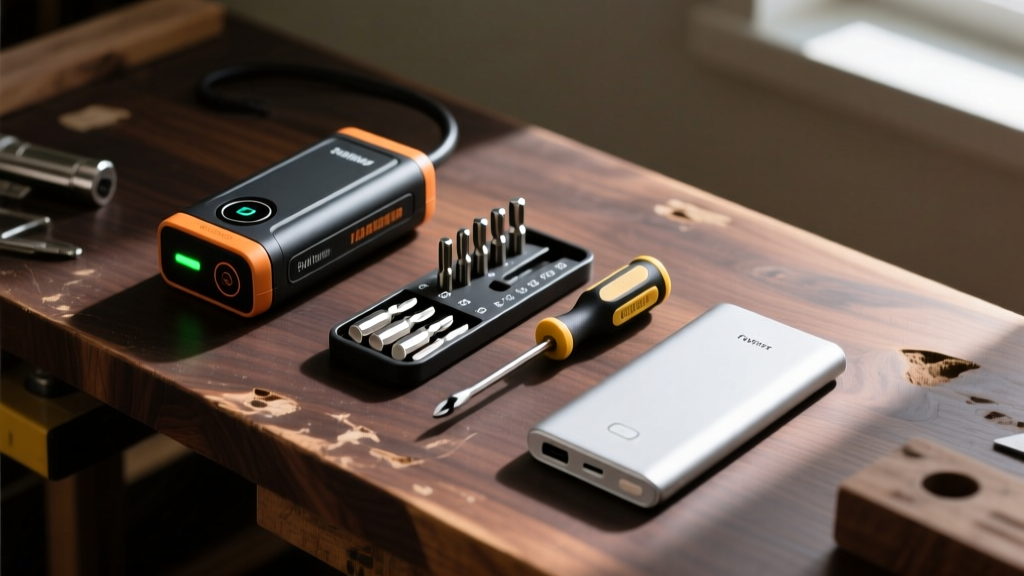 A flat lay of practical everyday carry items including a jump starter, precision screwdriver kit, and wireless power bank on a dark wooden workbench