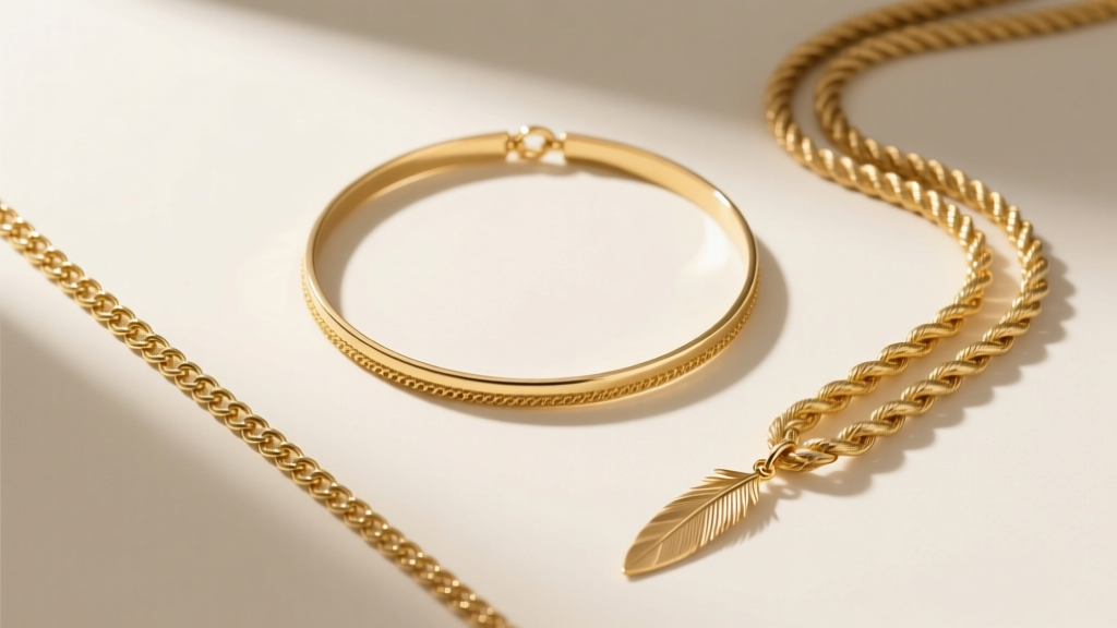 Flat lay of three distinct gold chains, a 14-inch choker, 18-inch cable chain, and a 24-inch rope chain with a feather pendant.