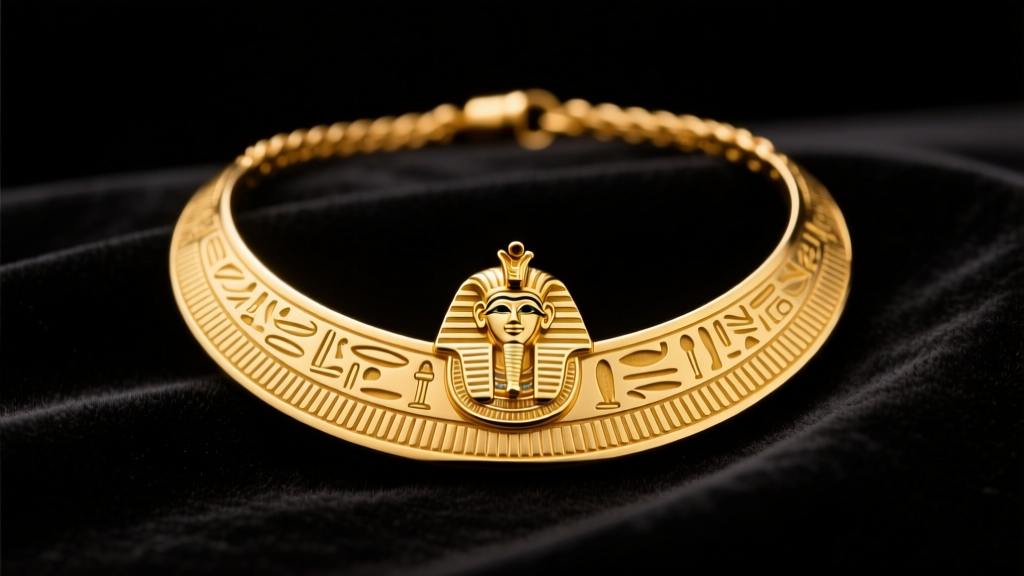 18k yellow gold Egyptian cartouche necklace on dark velvet, showcasing deeply engraved hieroglyphs under warm studio lighting.