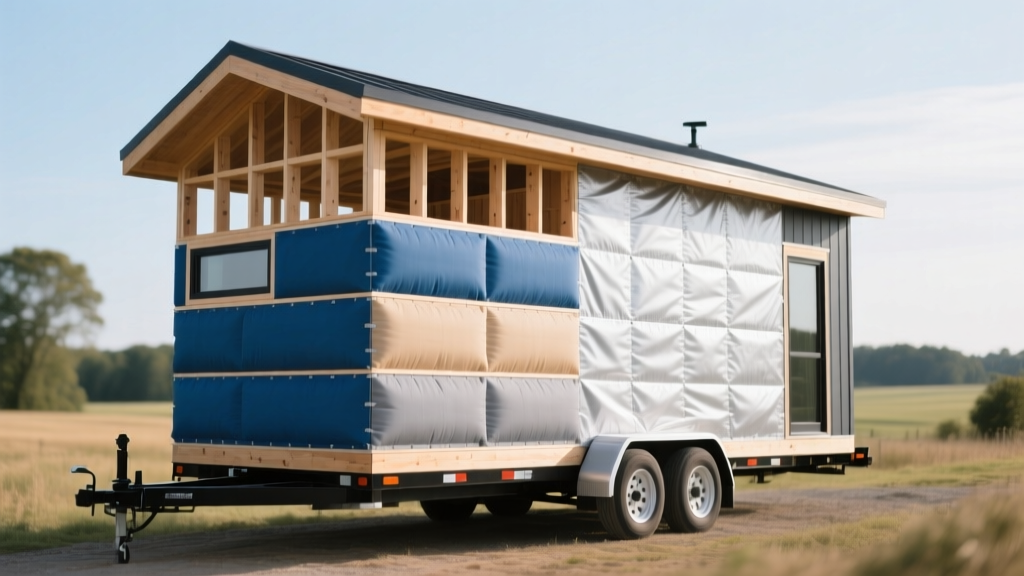 Framed 24-foot tiny house on a dual-axle trailer showing exposed wall studs, weather barrier wrap, and stacked insulated panels