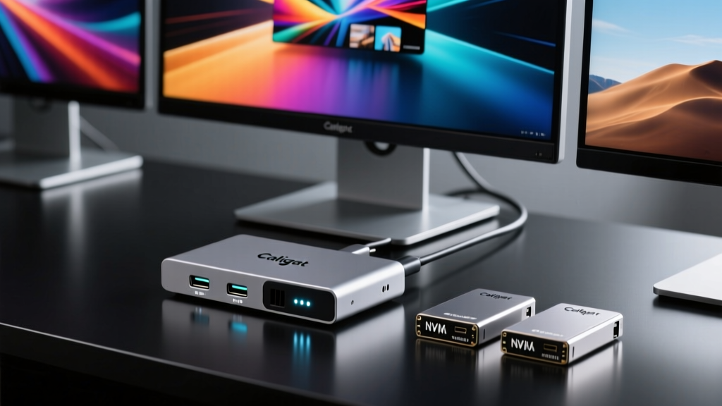Close-up of a CalDigit TS5 Thunderbolt 5 dock displaying multiple connected 4K monitors and high-speed NVMe storage drives on a dark mat