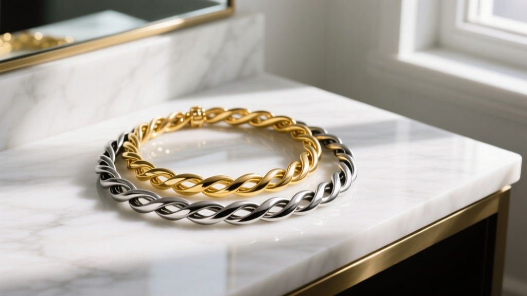 Intertwined 14k yellow gold and oxidized sterling silver layered necklaces resting on a bright white marble vanity surface