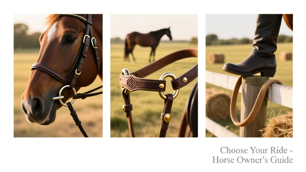 Close-up comparison of three different bridle styles: English snaffle, Western sliding ear, and bitless bosal