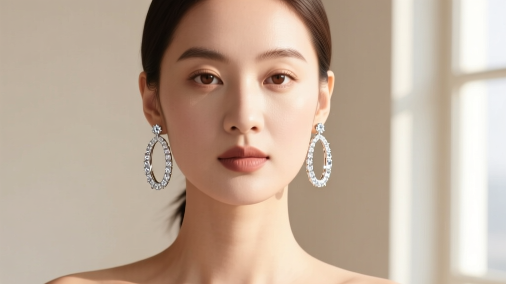Elegant woman with a round face wearing 40mm elongated oval diamond hoop earrings, soft natural sunlight highlighting the facets.