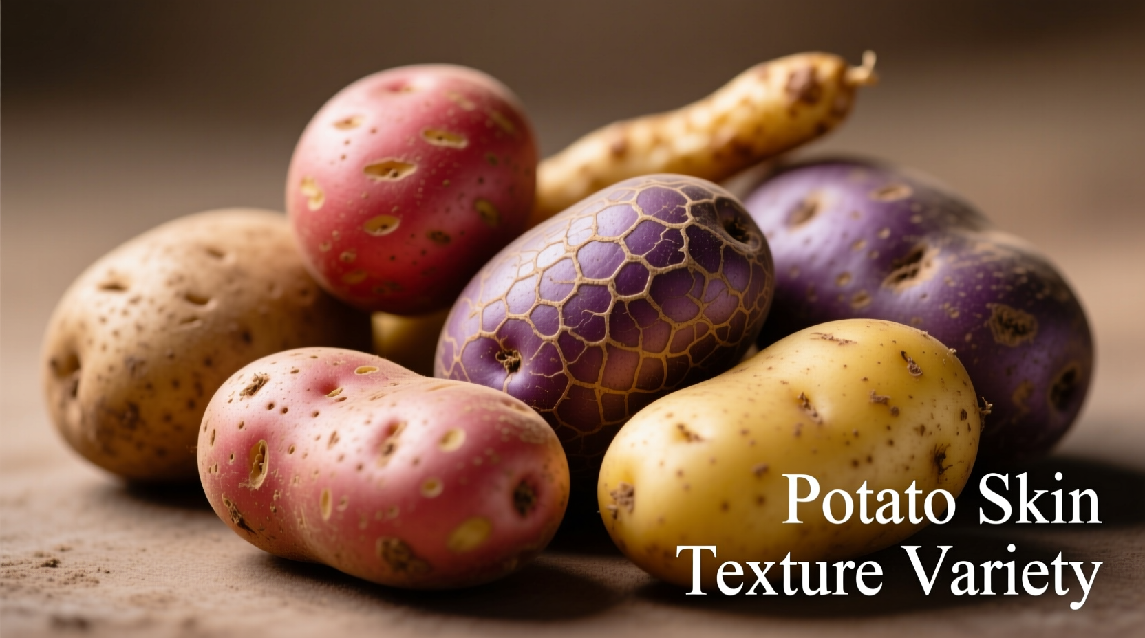 Close-up of various potato varieties showing skin texture differences