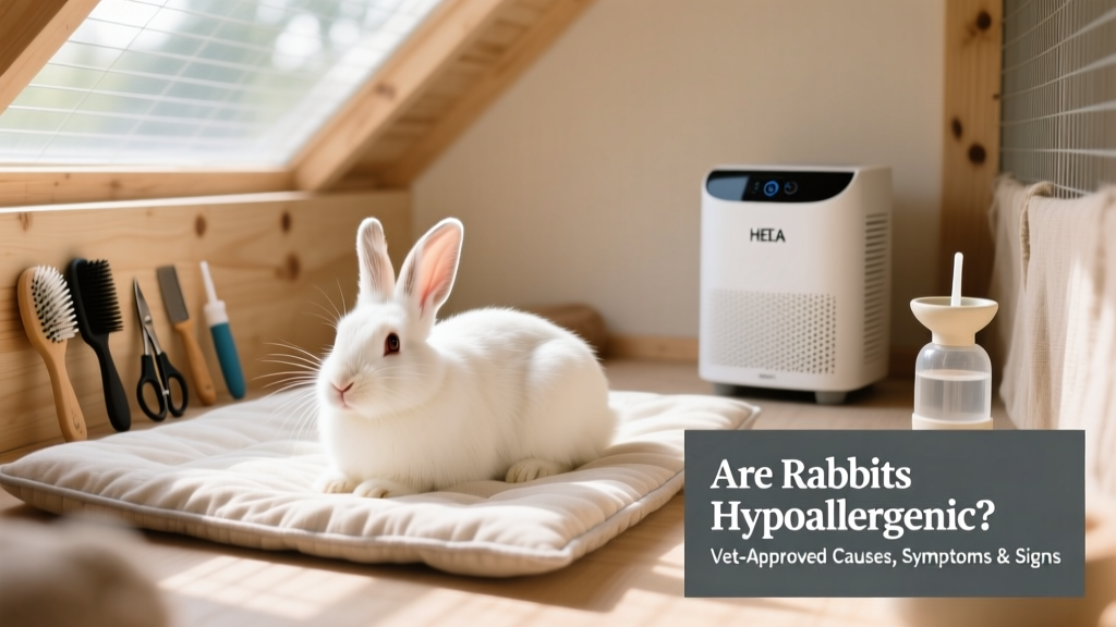 A well-ventilated, minimalist rabbit habitat with HEPA air purifier, washable bedding, and grooming tools nearby