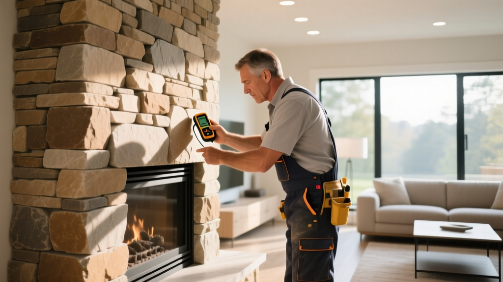Professional mason inspecting a newly installed stacked stone veneer fireplace surround with a moisture meter in a modern living room.