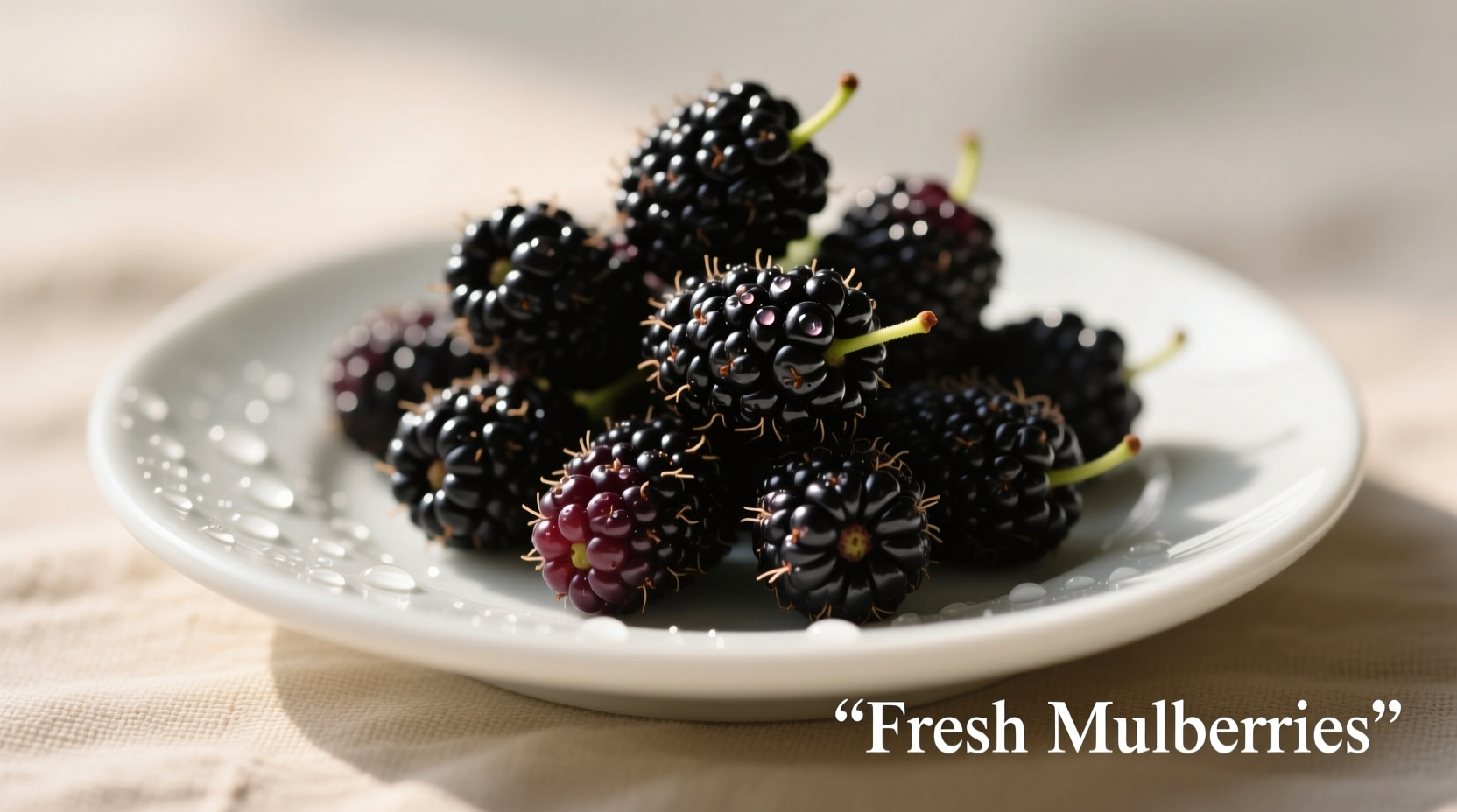 Ripe black mulberries on white plate