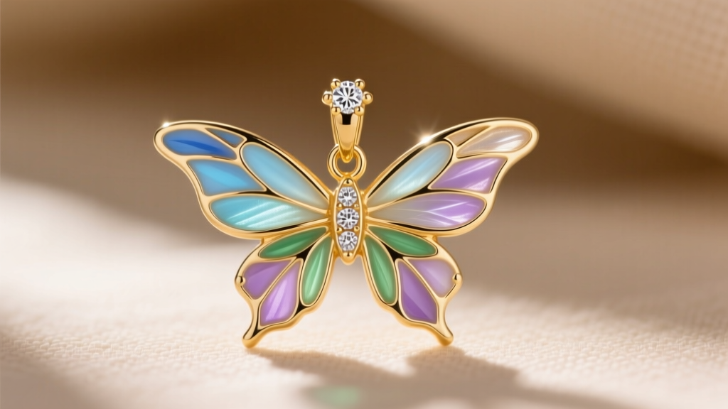 Macro shot of a 14k gold vermeil fairy pendant, showing plique-a-jour enamel wing details and a small diamond-set bail.