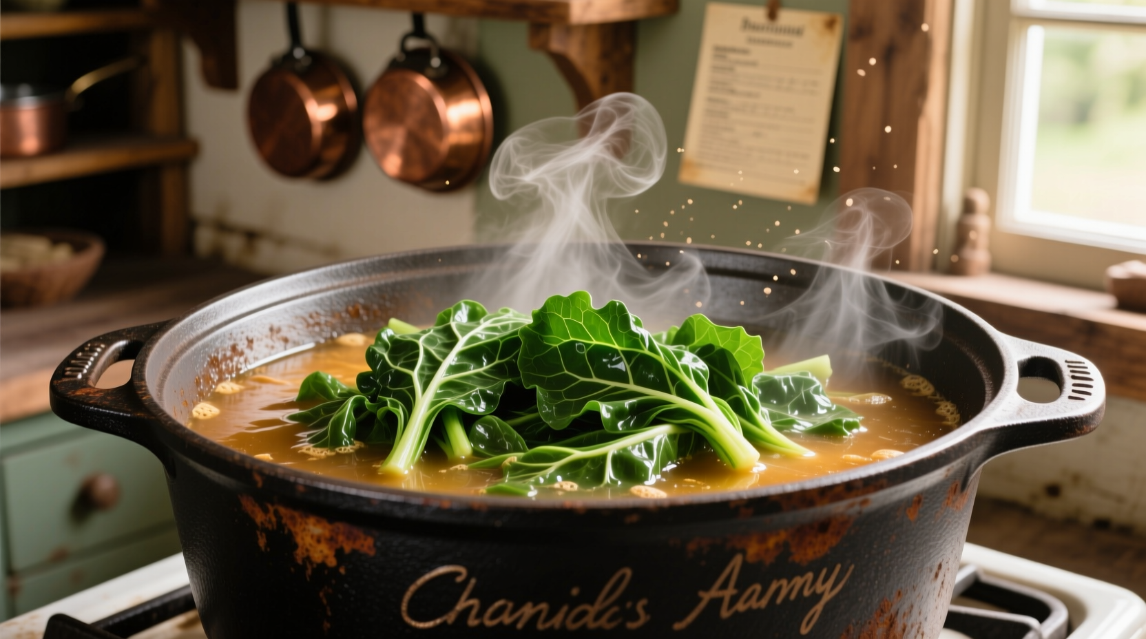 Freshly cooked collard greens in a cast iron pot