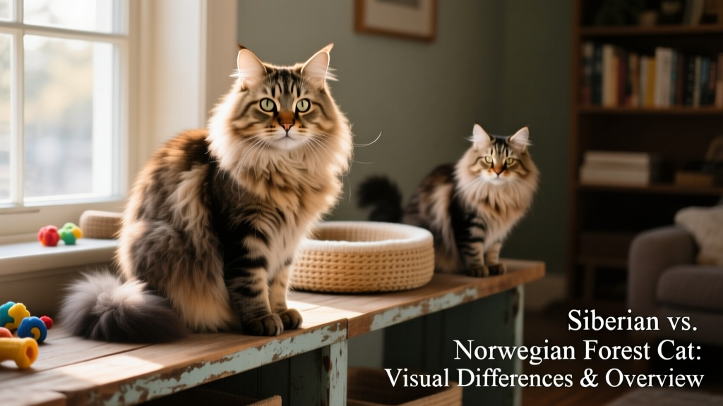 A Siberian Cat perched on a wooden shelf, showcasing its rounded face, thick ruff, and expressive eyes