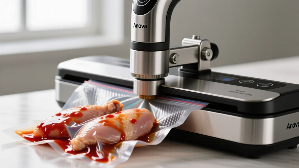 Side profile of an Anova Precision Vacuum Sealer Pro clamping down on a textured plastic bag containing marinated chicken breasts with liquid moisture barrier engaged