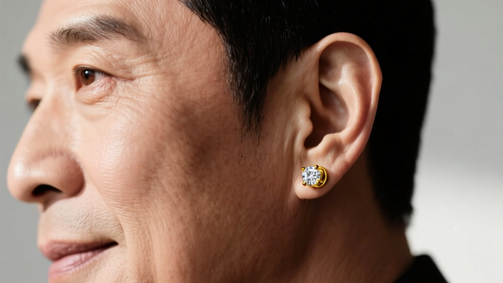 Close-up profile of a man wearing a yellow gold diamond stud earring, showing the secure friction back on a standard pierced lobe.