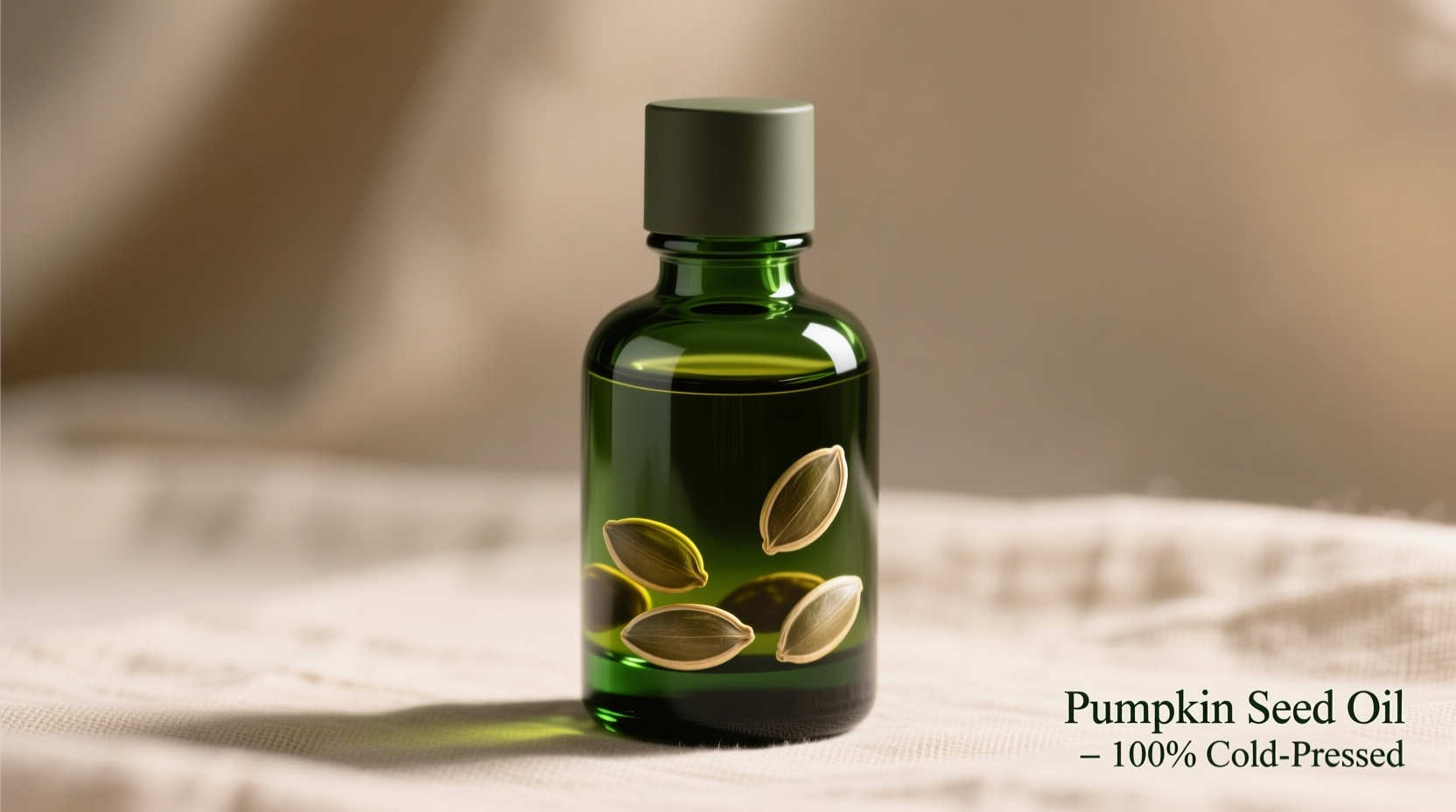 Bottle of dark green pumpkin seed oil with pumpkin seeds