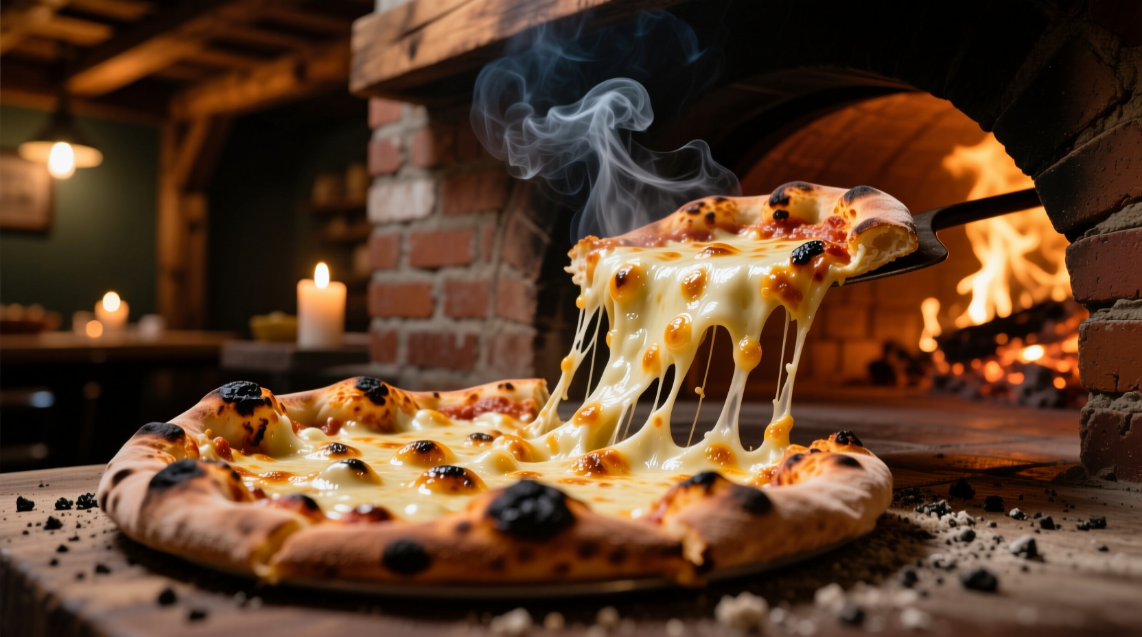 Wood-fired pizza with bubbling cheese