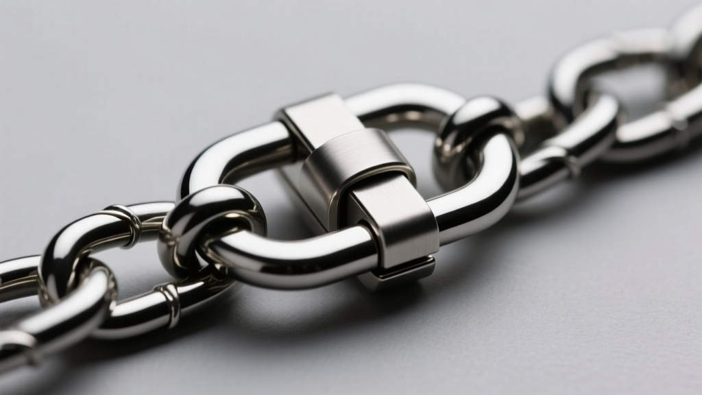 Close-up of a hidden tongue box clasp with figure-8 safety on a flat curb chain, showing laser-welded seams and friction fit.