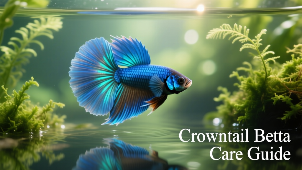 Close-up of a vibrant blue Crowntail betta displaying its flared crown-like tail against lush aquatic plants