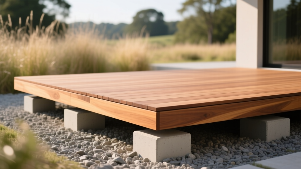 Ground-level floating deck built with capped composite boards in warm teak tones resting on concrete deck blocks over crushed gravel.