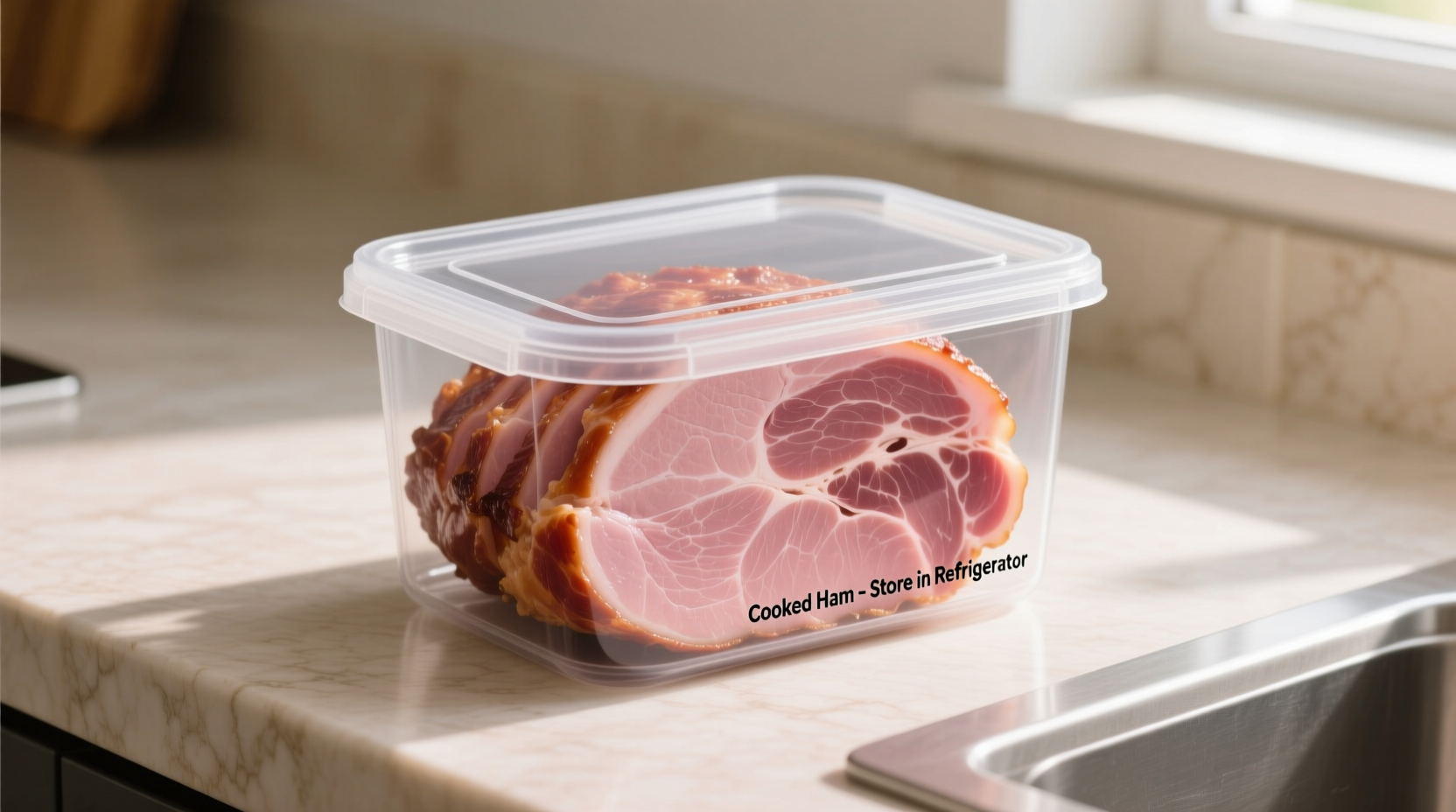 Properly stored cooked ham in airtight container