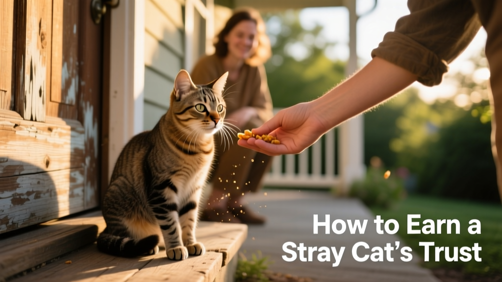 A cautious but curious stray cat sitting near a doorstep, looking up at a person holding out food