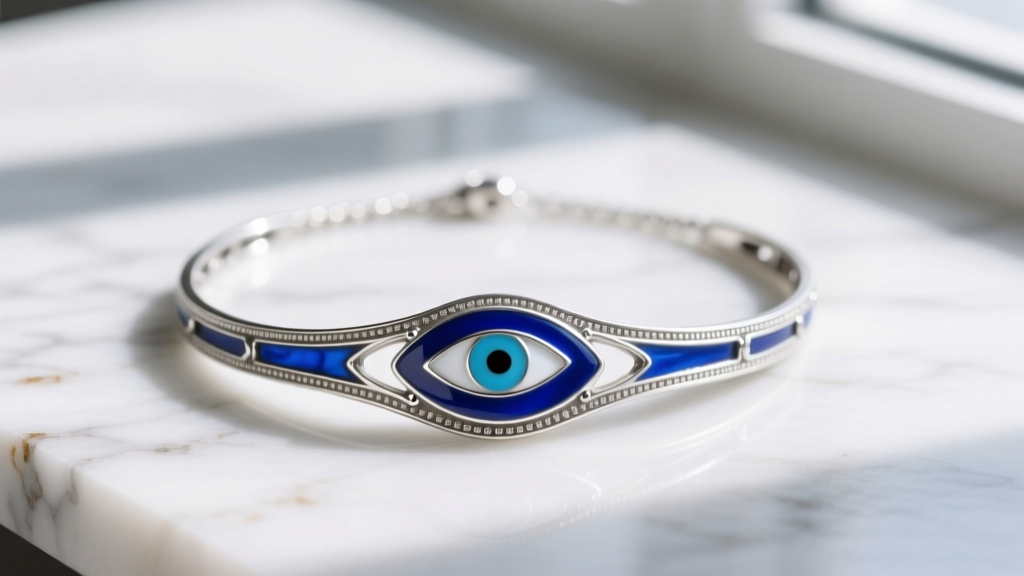 Flat lay of sterling silver evil eye motif necklace with blue enamel, showing slight tarnish in crevices on white marble.