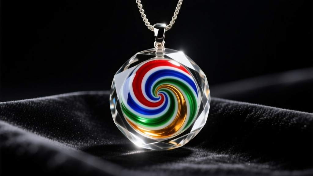 Vibrant Murano glass millefiori pendant encased in clear crystal resting on dark velvet under soft directional studio lighting.