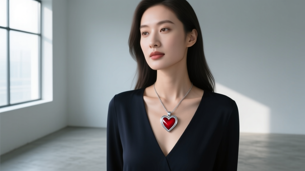 Woman wearing a silver and red enamel reversible heart pendant on a dark V-neck top, lit by soft natural window light