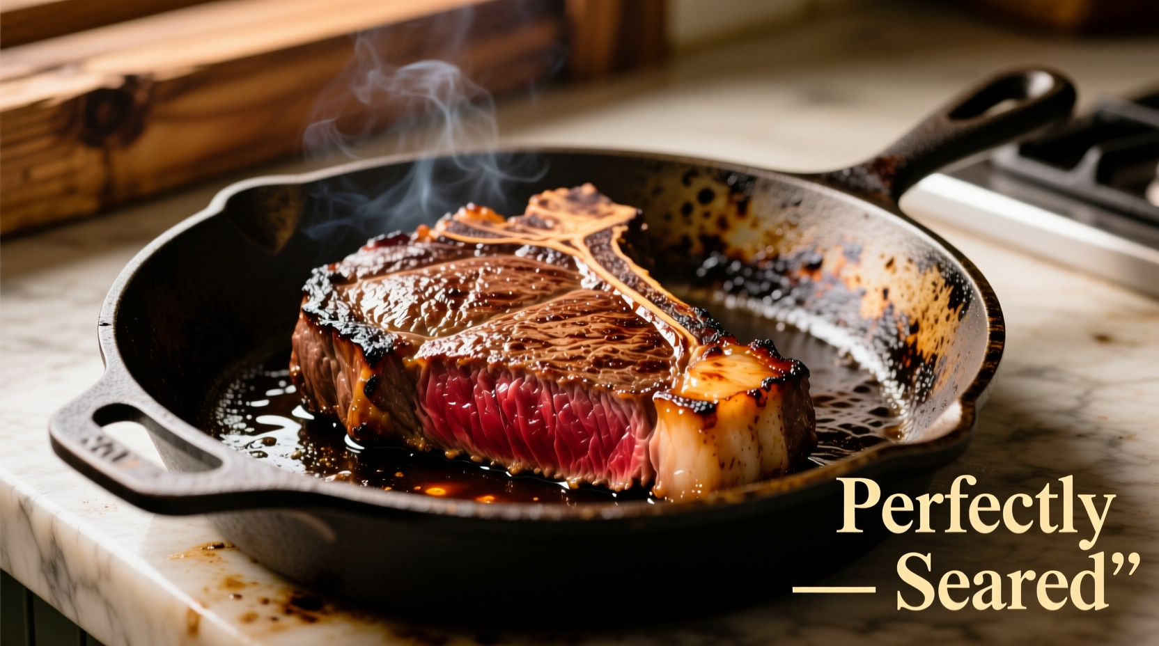 Perfectly seared steak in cast iron pan with golden crust
