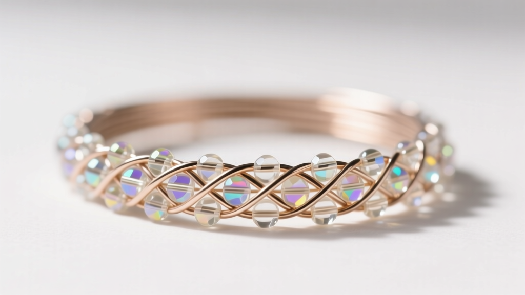Detailed photo of 18-gauge niobium wire base with tightly woven glass seed beads, bright neutral background, macro jewelry focus.