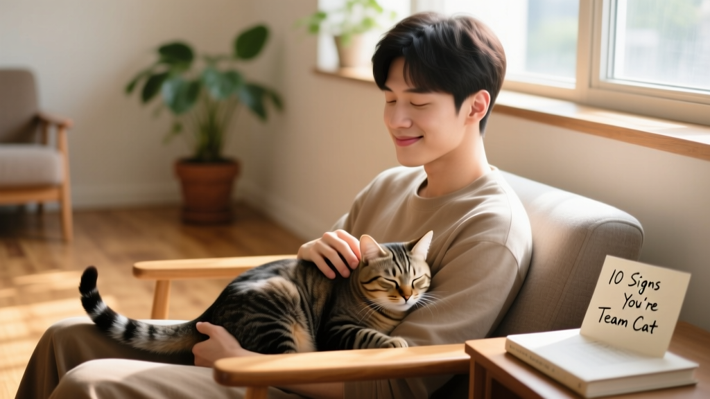 A person gently stroking a relaxed cat curled on their lap, both looking content