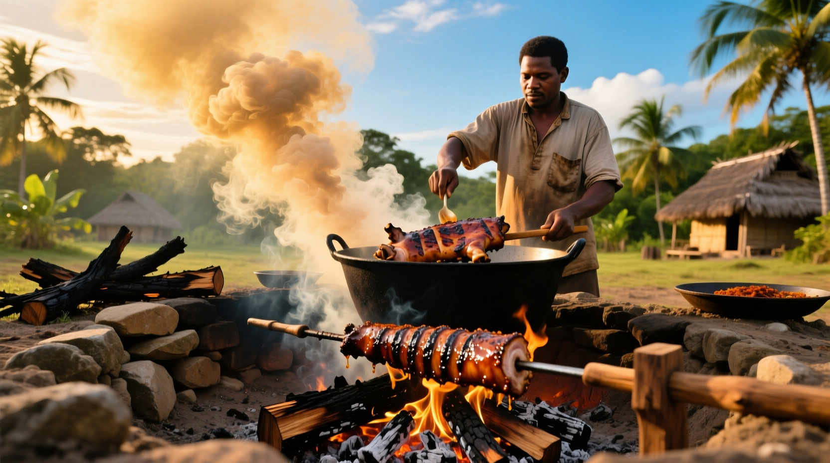 Traditional jerk pit cooking with pimento wood smoke