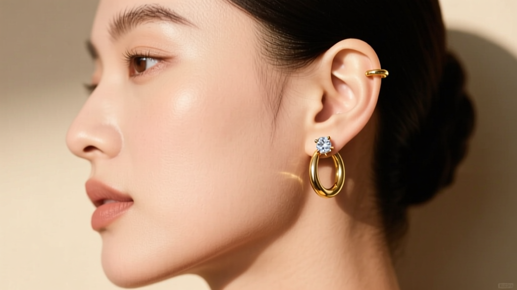 Side profile of a woman with a curated ear stack showing small gold huggie hoops and diamond stud earrings in her cartilage and lobe