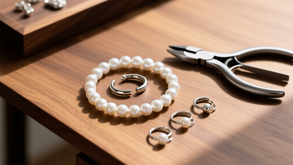 Overhead shot of a wooden desk displaying 20-gauge titanium ear wires, white freshwater pearls, and flush cutters in warm light.