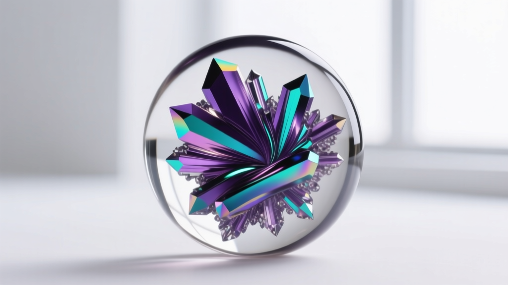 Macro shot of liquid crystals inside a glass cabochon showing swirling purple and teal patterns against a clean white backdrop.