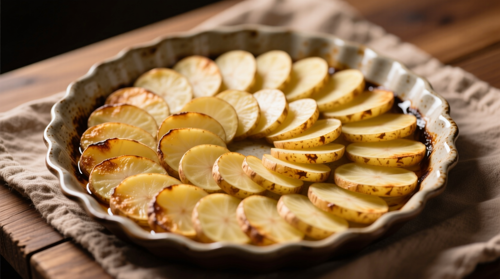 Thin sliced potatoes arranged in circular pattern on baking sheet