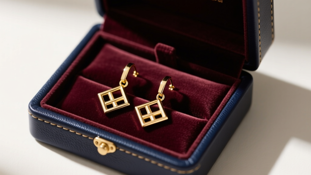 Open navy leather jewelry box revealing a velvet slot holding interlocking gold drop earrings, photographed from a high angle.