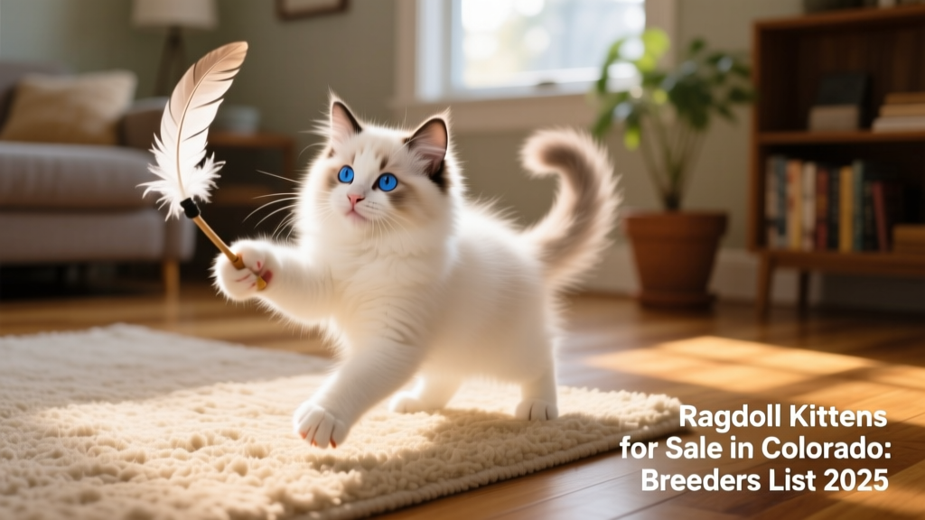 A playful Ragdoll kitten batting at a feather wand toy on a cozy rug