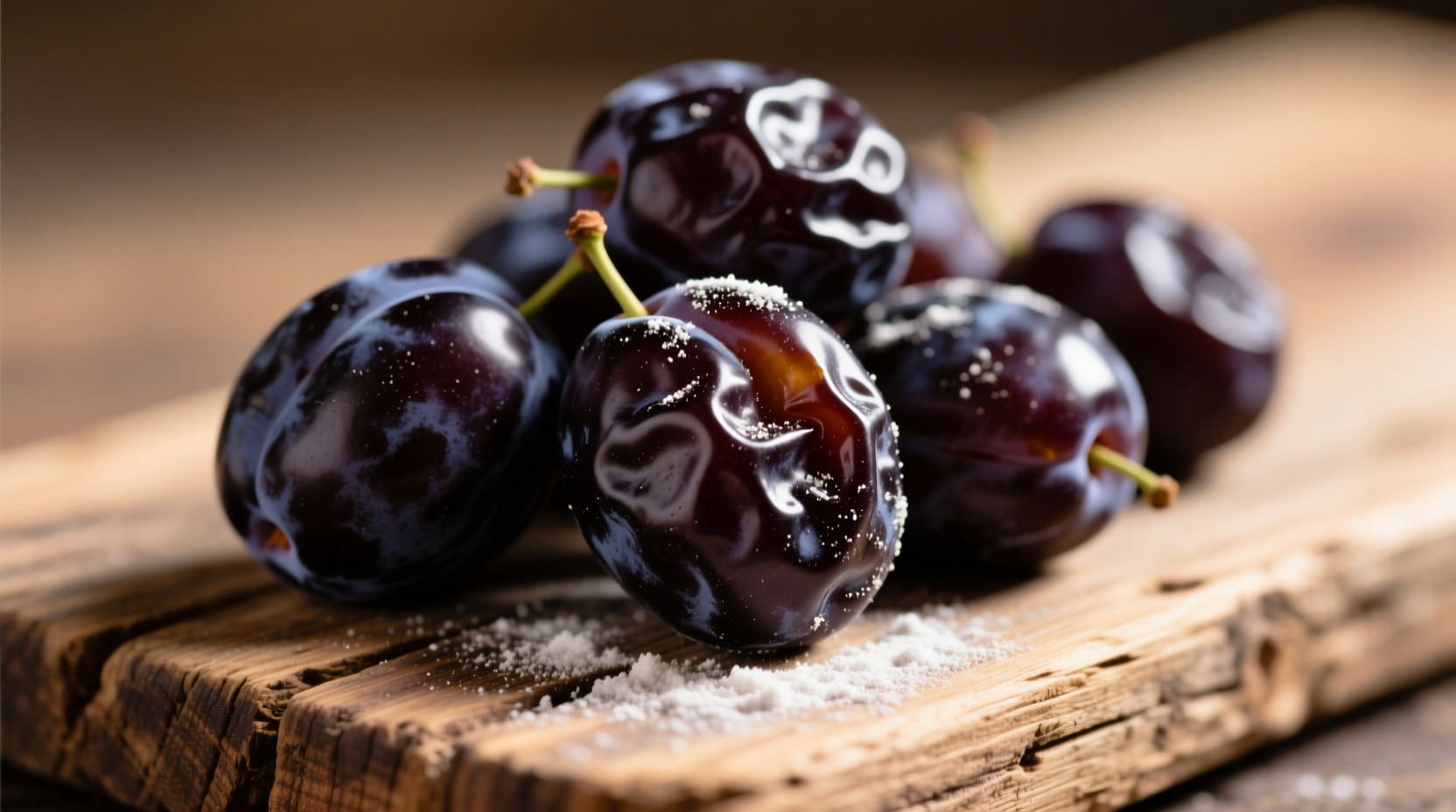Close-up of plump, dark prunes on wooden board