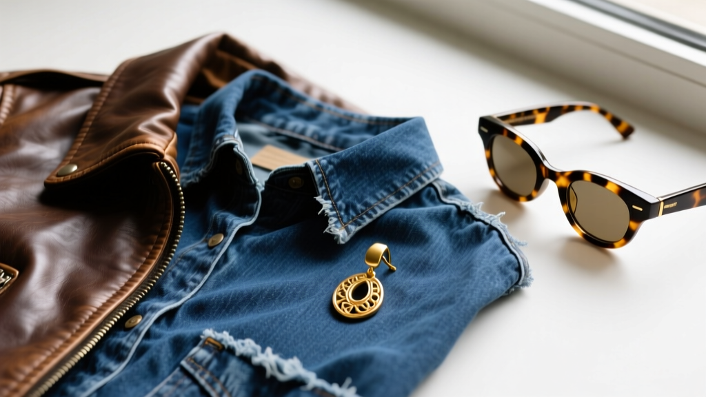 Flat lay of a leather jacket, vintage sunglasses, and a single 18g gold drop earring resting on a worn, faded blue denim shirt.